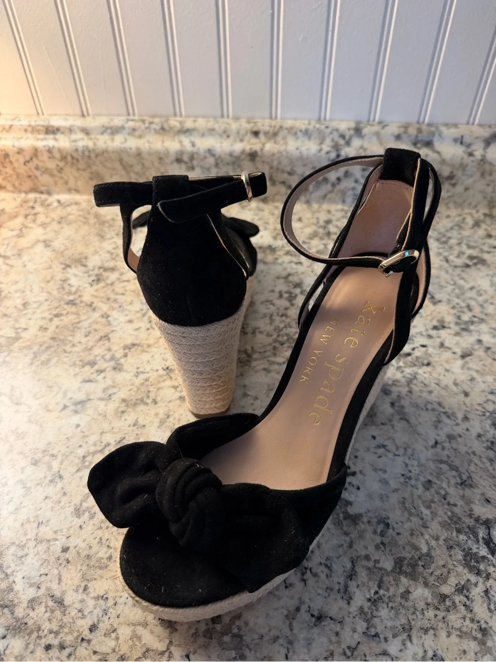 kate spade Black Suede Knotted Bow Espadrille Wedge Sandals Tianna Summer Fun